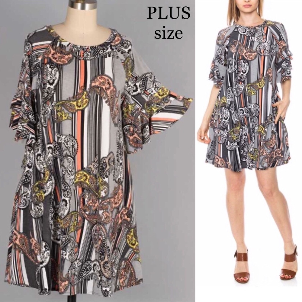Plus Size Paisley Ruffle Sleeve Tunic Dress P4